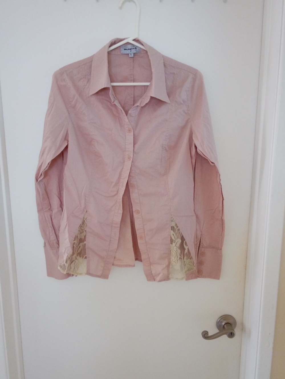 Dusty Pink Button-Down Shirt with Cream Lace Panels